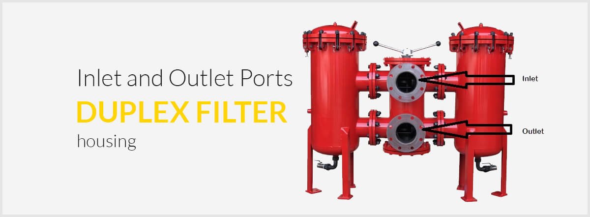 Inlet and outlet ports in duplex filter housing