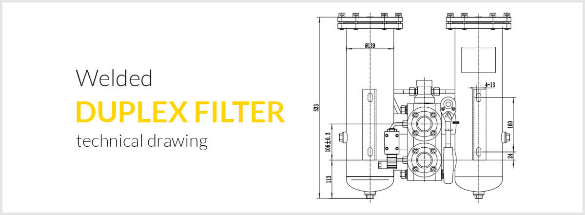 A technical drawing of a welded duplex filter