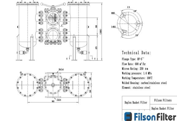 Technical drawing of duplex basket strainer