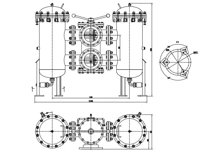 Technical drawing of a duplex strainer